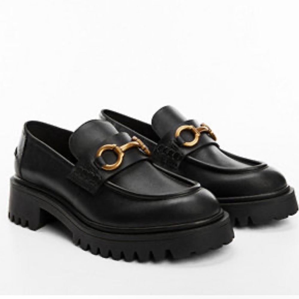 MNG chunky Black lug sole gold horse bite loafers Size 39